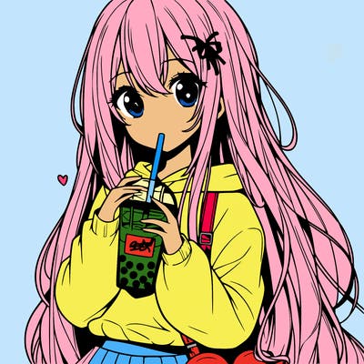 animae girl with long hair and holding boba tea