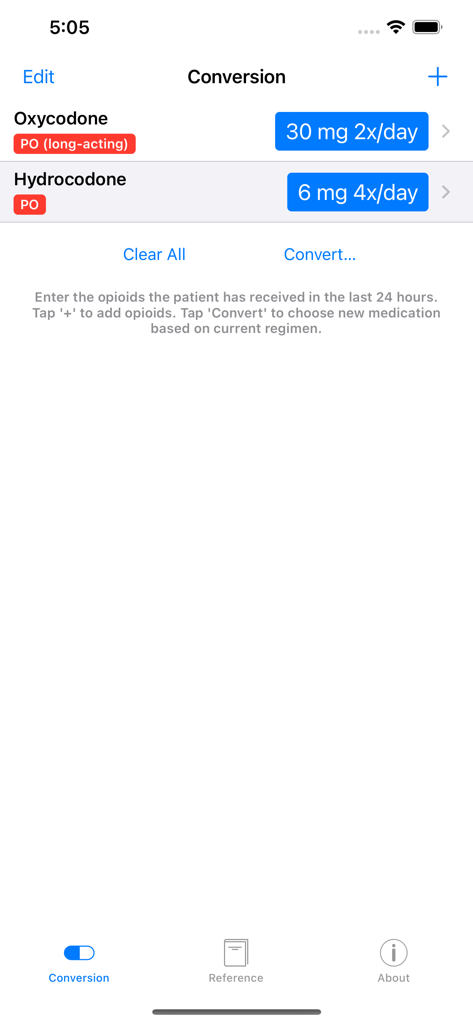 Schermata dell'app di conversione del dosaggio degli oppioidi che mostra le voci dei farmaci Ossicodone e Idrocodone