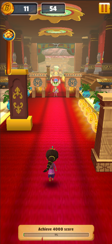 Chhota Bheem: Adventure Run - Gameplay of Chhota Bheem Adventure Run featuring a character running on a red carpet in an ancient temple.