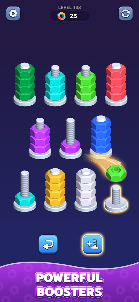 Gameplay screenshot of Nut Sort Games showing colorful nuts being sorted on silver bolts with booster icons below