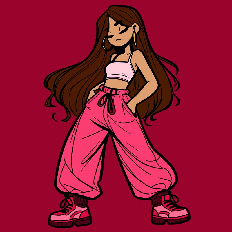 girl in baggy pants crop top and long hair