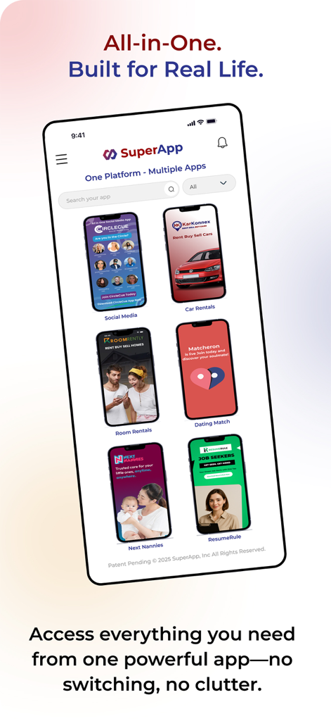 SuperApp, Inc. - SuperApp mobile interface showing various integrated mini-apps for lifestyle and productivity.