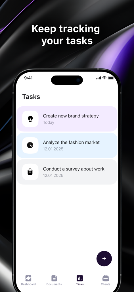 iPhone screen displaying the task management interface of the Todo for business processes app with a list of strategic business goals