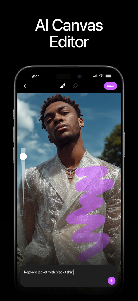 Interface de l'éditeur de toile IA montrant un utilisateur utilisant le remplissage génératif pour remplacer une veste par un t-shirt noir sur une photo.