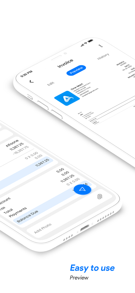 スマートフォンでのプロフェッショナルな請求書作成とプレビューを示す請求書アプリのインターフェース