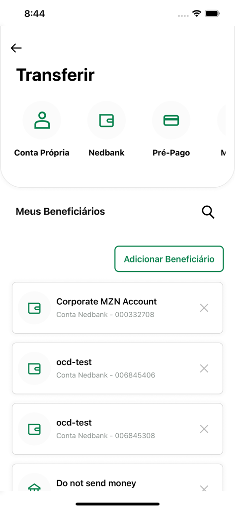 MyUey - MyUey mobile banking app transfer interface showing beneficiary list and payment options