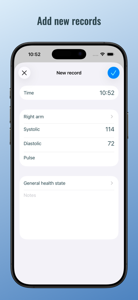 BP diary (self-monitoring) - Smartphone screen showing the add record form in the BP diary app with fields for blood pressure and pulse