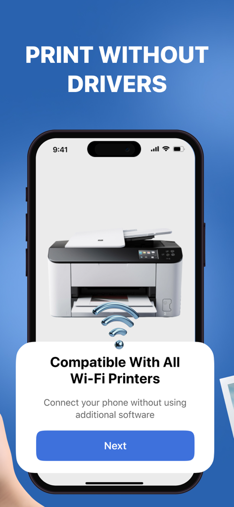 A smartphone screen showing compatibility with all Wi-Fi printers for easy printing without drivers