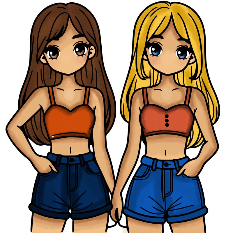 two sisters with crop tops and jean shorts and straight hair