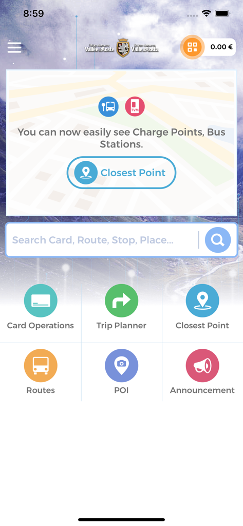 #vdatransports - Interfaccia principale dell'app #vdatransports che mostra icone per la pianificazione del viaggio, percorsi di autobus e avvisi sui trasporti.