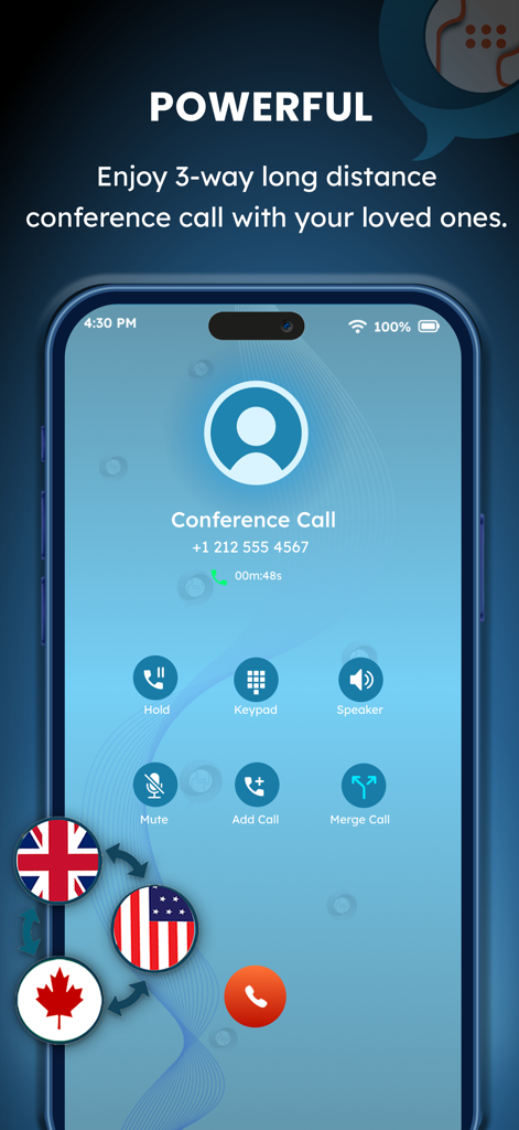 Phoring - Phoring app screen showcasing three way international conference calling features with US UK and Canada flag icons