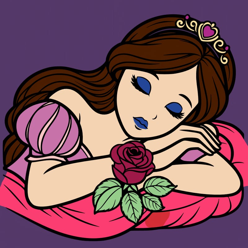 a fairytale princess sleeping with her hands crossed on her chest and a rose on her chest realistic