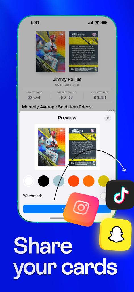 Cardstock: Sports Card Scanner - A mobile screen showing the share feature for sports cards with social media icons and customizable backgrounds