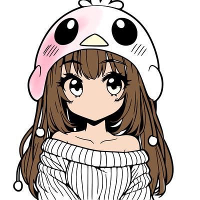 anime girl with chick shaped hat with sweater with bare shoulders with bangs covering them one eye with low tail