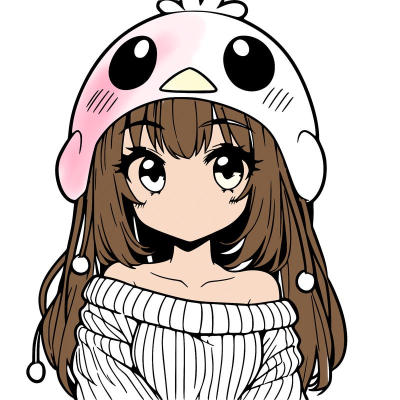 anime girl with chick shaped hat with sweater with bare shoulders with bangs covering them one eye with low tail