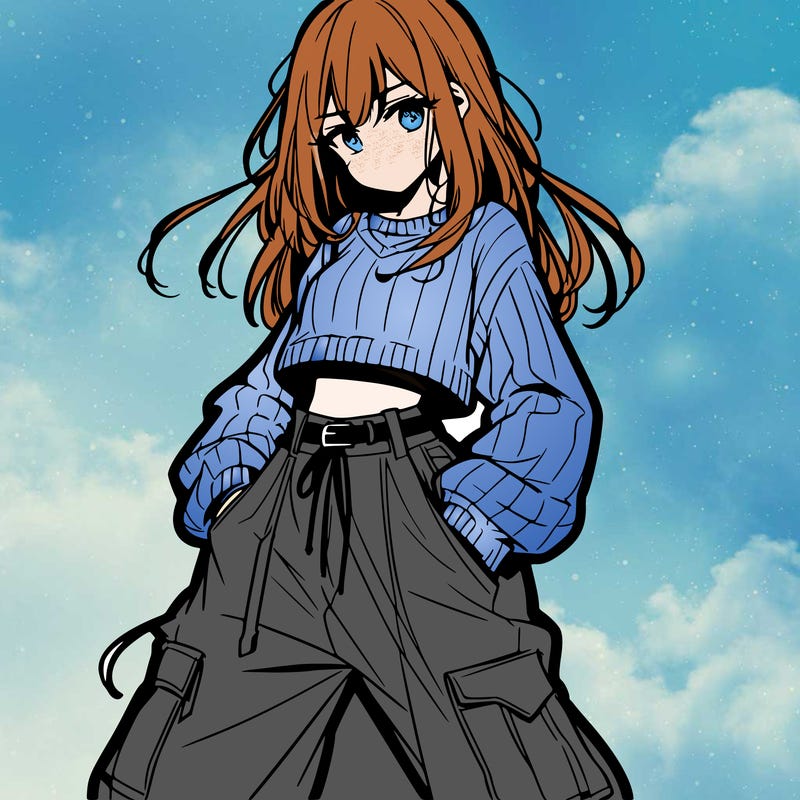anime teen girl with baggy pants and crop top with sweater