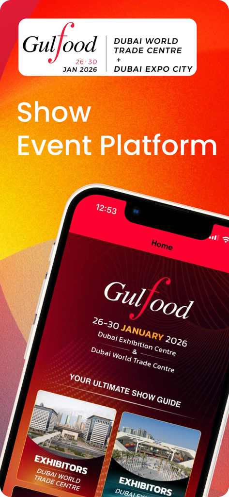 Schermata principale dell'app Gulfood 2026 che mostra le sezioni della guida dell'evento e degli espositori.