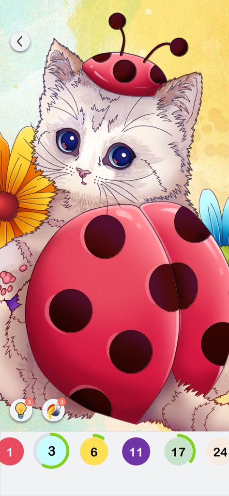 Color Fever - Color by Number - Cute kitten with ladybug hat coloring page in Color Fever app