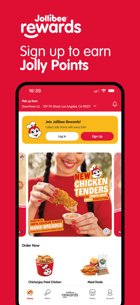 Jollibee - Order & Rewards - Interfaz de la app móvil de Jollibee mostrando el registro de recompensas Jolly Points y opciones de menú para Chickenjoy y ofertas de comidas.