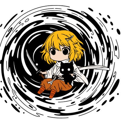 anime girl living in a black hole with a katana with a black little dragon