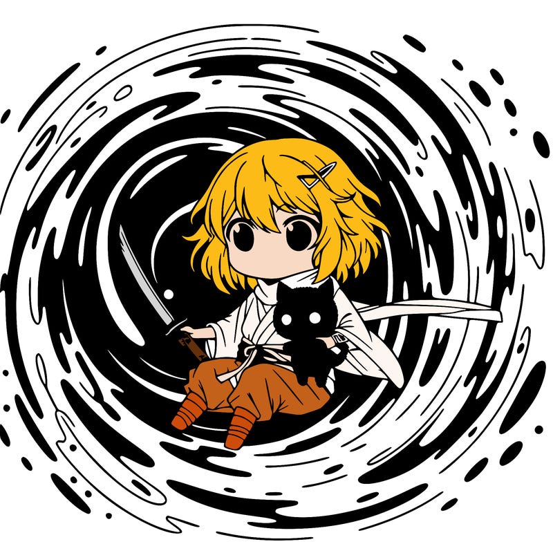 anime girl living in a black hole with a katana with a black little dragon