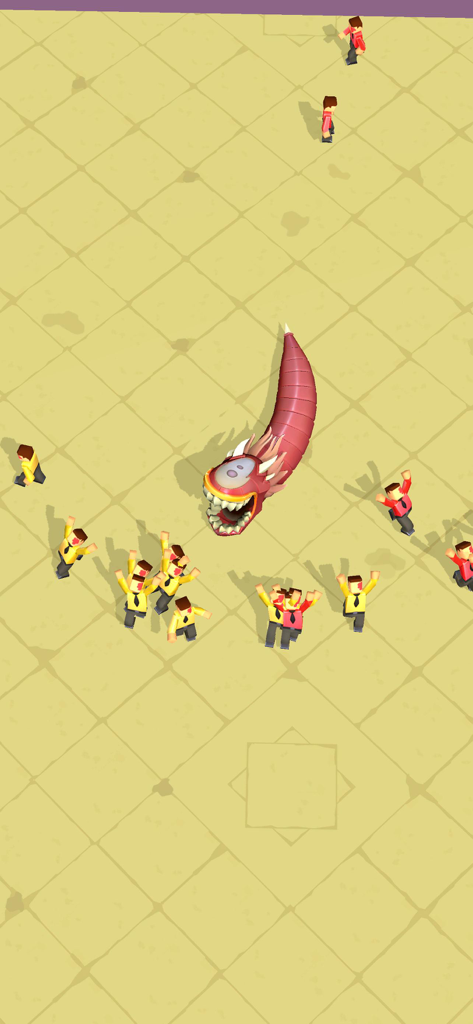 A giant red alien worm attacking human characters in a tiled arena from the game Planet Eater
