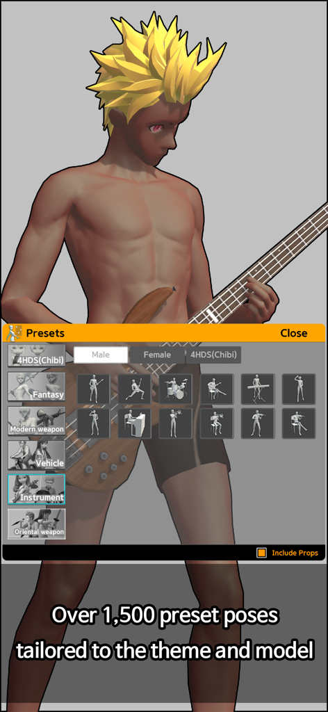 Easy Pose -Best Posing App - Interface do aplicativo Easy Pose mostrando um modelo de anime 3D com uma guitarra e o menu de poses predefinidas de instrumentos
