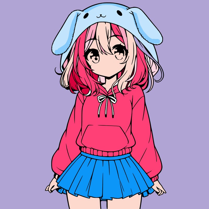 pretty anime girl wearing a fluffy hoodie with bunny ears on the hood and a skirt