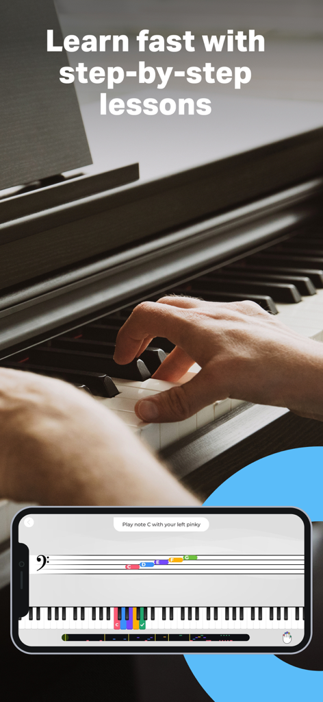 Piano by Yousician - A person learning to play piano using step-by-step lessons on the Yousician mobile app.