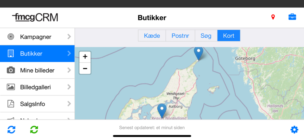 fmcgCRM app interface displaying a map with store location pins for field sales representatives