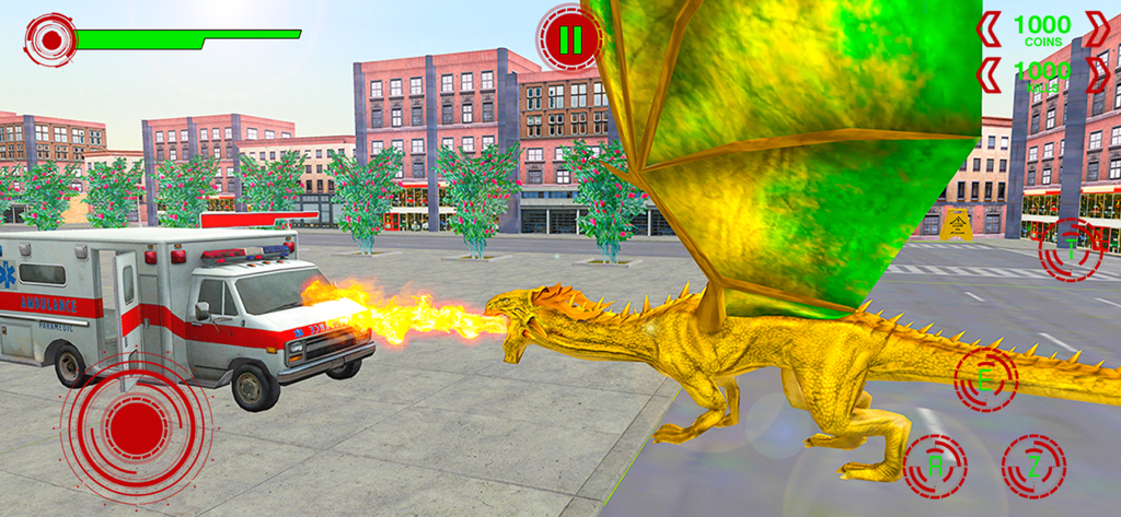 Avalon Story of Flying Dragon - A golden dragon breathing fire on an ambulance in a city street environment.