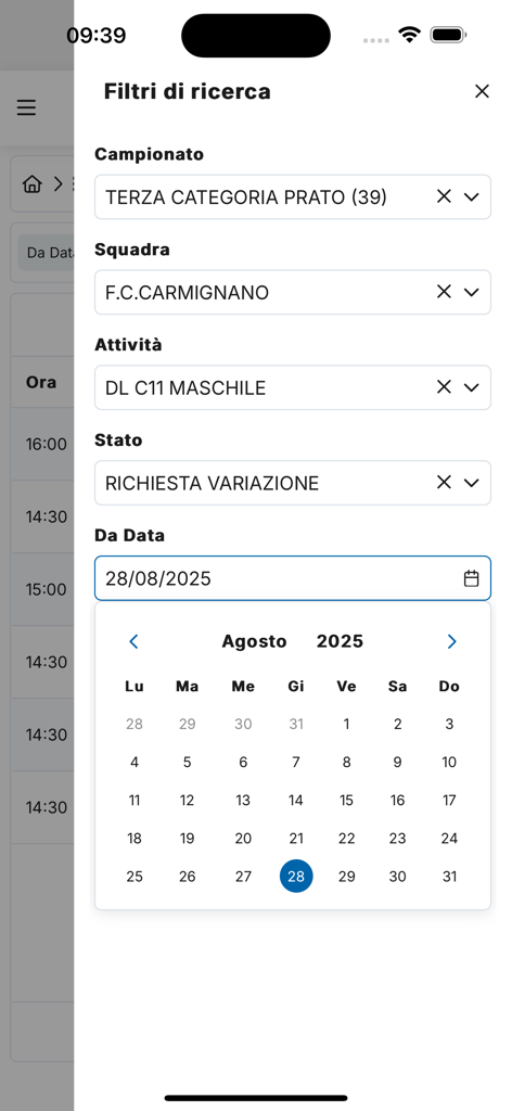 LND Portale Servizi - LND Portale Servizi app search filters interface showing options for championship, team, activity, and a date picker calendar.