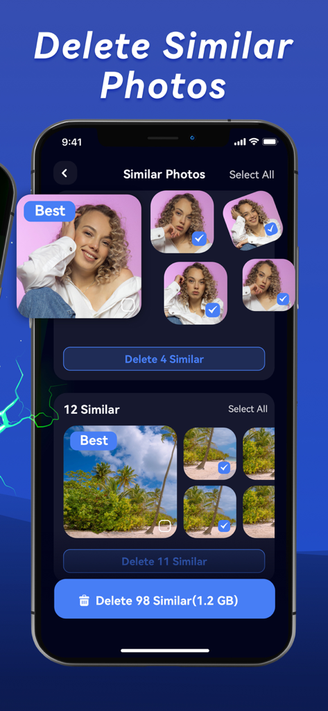 Instant Cleaner -Clean Storage - iPhone screen displaying the Instant Cleaner app feature that identifies and allows users to delete similar photos to free up storage space