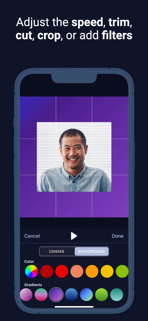 ScreenPal Screen Recorder - Una captura de pantalla de la aplicación ScreenPal mostrando funciones de edición de video como recortar un retrato y elegir un color de fondo.