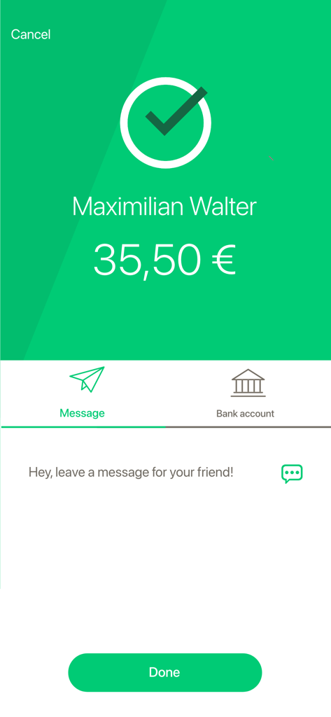 Tela de confirmação de pagamento P2P bem-sucedido no aplicativo BIL Payconiq mostrando uma transação de 35,50 Euros para Maximilian Walter.