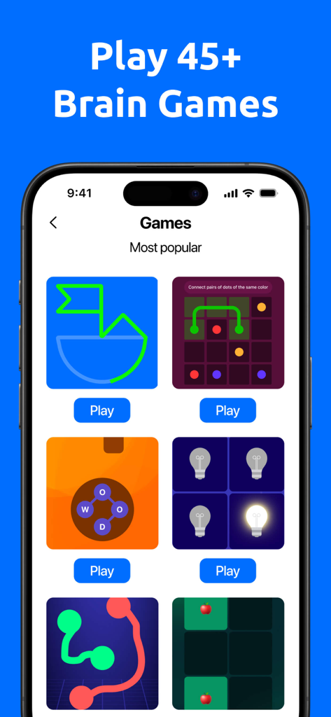 Brain Games: Memory Training - A mobile screen showing a selection of various cognitive puzzles and brain games.