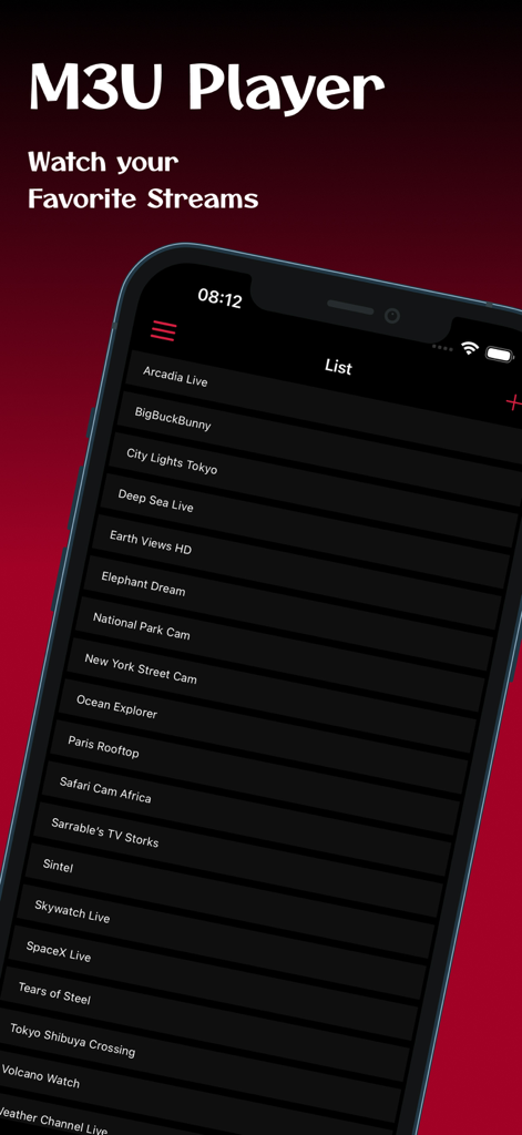 M3U8 Stream Player: TV & Video - Smartphone screen showing a curated list of video streams in the M3U8 Stream Player app