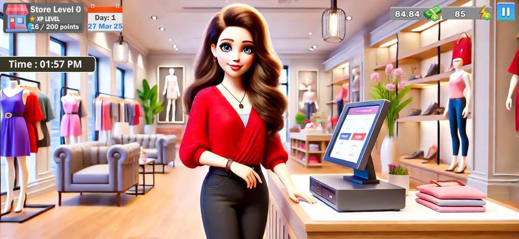 My Garments Shop Wear Sim Game - My Garments Shop Wear Sim Gameの、スタイリッシュなファッションブティックのレジカウンターに立つキャラクター。