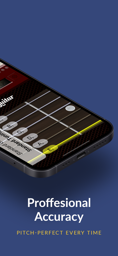 Pro Guitar Tuner mobile app interface highlighting professional tuning accuracy with a guitar fretboard display