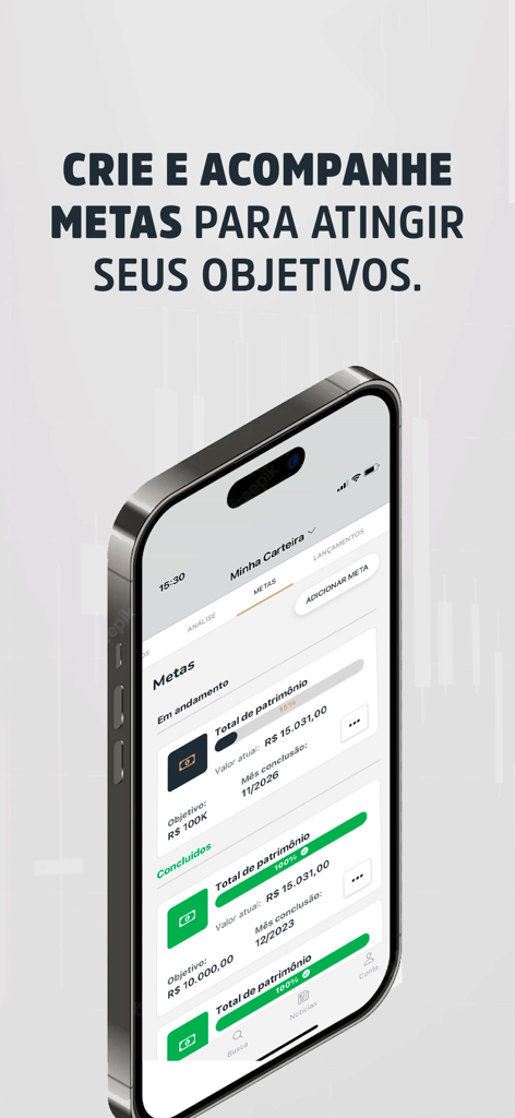 Investidor10 - Investidor10 app interface showing progress towards financial investment goals and wealth building milestones