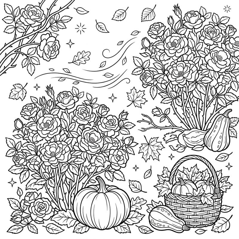 Celebrate the beauty of fall with this delightful coloring page featuring lush shrub roses amidst a charming autumn harvest scene. Designed for kids, it combines lovely florals with festive pumpkins and swirling leaves for hours of creative fun.