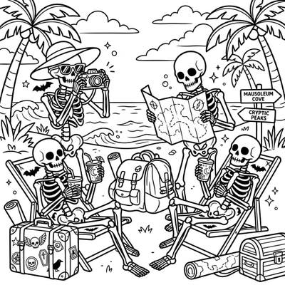 Embark on an unforgettable journey with our unique Gothic Skeletons on Vacation coloring page. Dive into a world where macabre meets tropical bliss, perfect for a hauntingly good time.