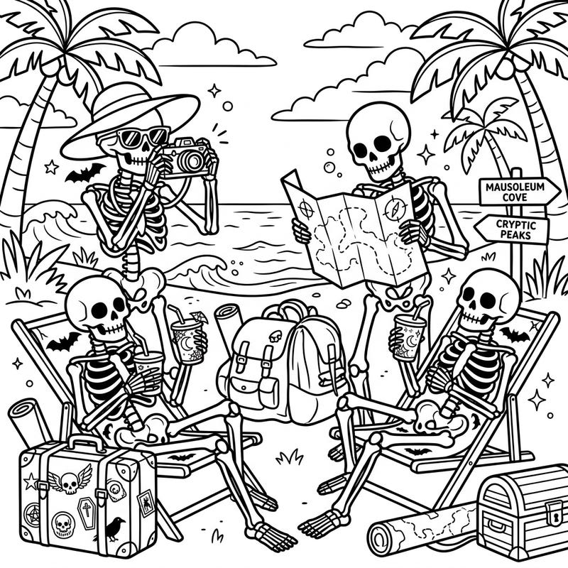 Embark on an unforgettable journey with our unique Gothic Skeletons on Vacation coloring page. Dive into a world where macabre meets tropical bliss, perfect for a hauntingly good time.