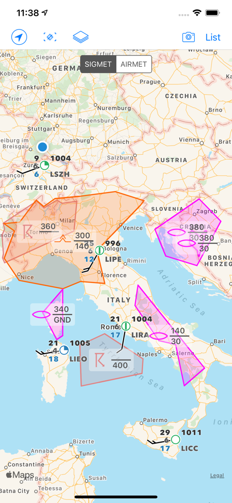 AeroWeather Pro - AeroWeather Pro app map view displaying SIGMET and AIRMET weather alerts and technical aviation data over Europe