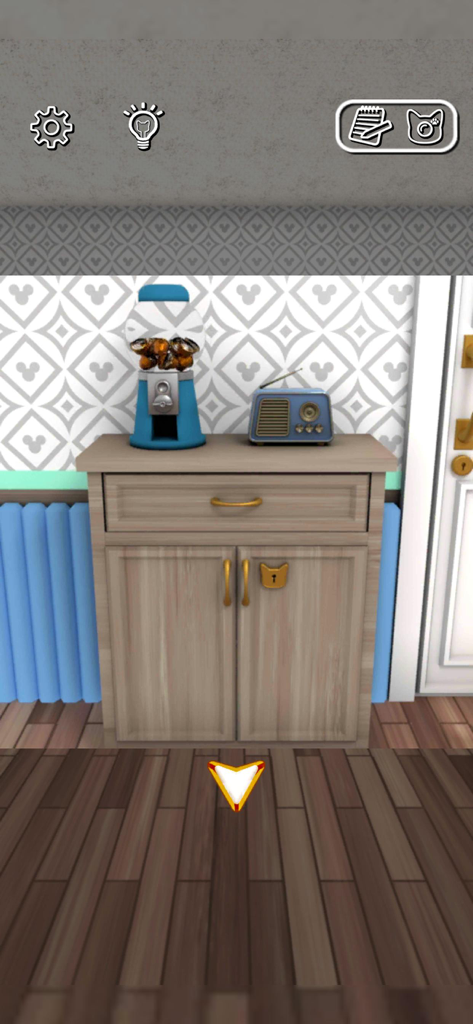 Escape Game Work From Home - A wooden cabinet with a blue gumball machine and a vintage radio inside a cozy room.