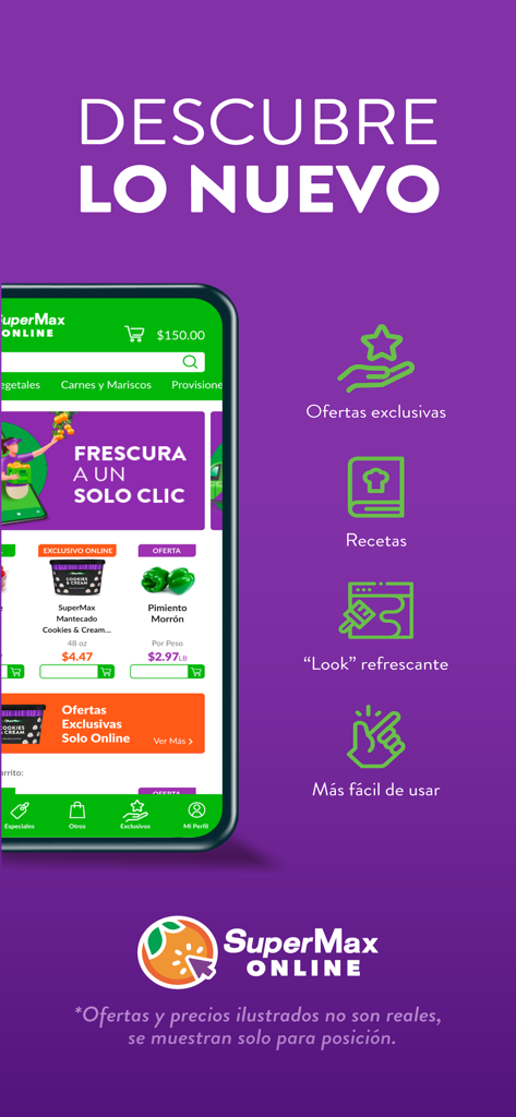 SuperMax Online - SuperMax Online mobile app screen showing exclusive offers recipes and new interface features