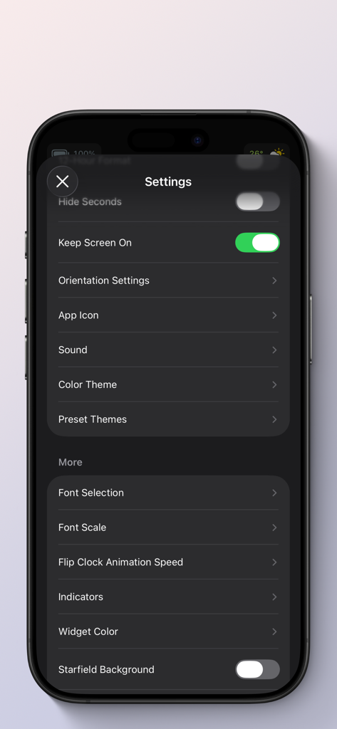 FlipKlok: FlipClock & Pomodoro - A menu of the FlipKlok app settings showing options for themes fonts and clock animation speeds on a dark interface