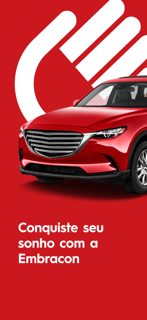 Consórcio Embracon - A red SUV against a red background with the Embracon logo and Portuguese text that translates to Achieve your dream with Embracon