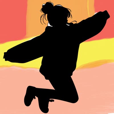 realistic girl jumping with a bun and oversized sweatshirt