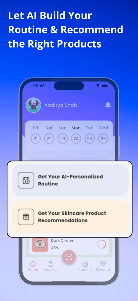 SkinMama app interface showing options to build an AI personalized skincare routine and receive product recommendations